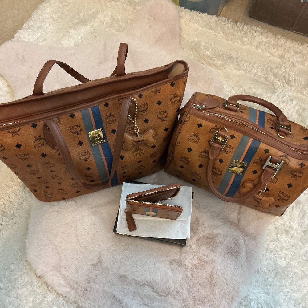 BUNDLE OF 3 MATCHING MCM MM TOTE, BOSTON BAG AND WALLET